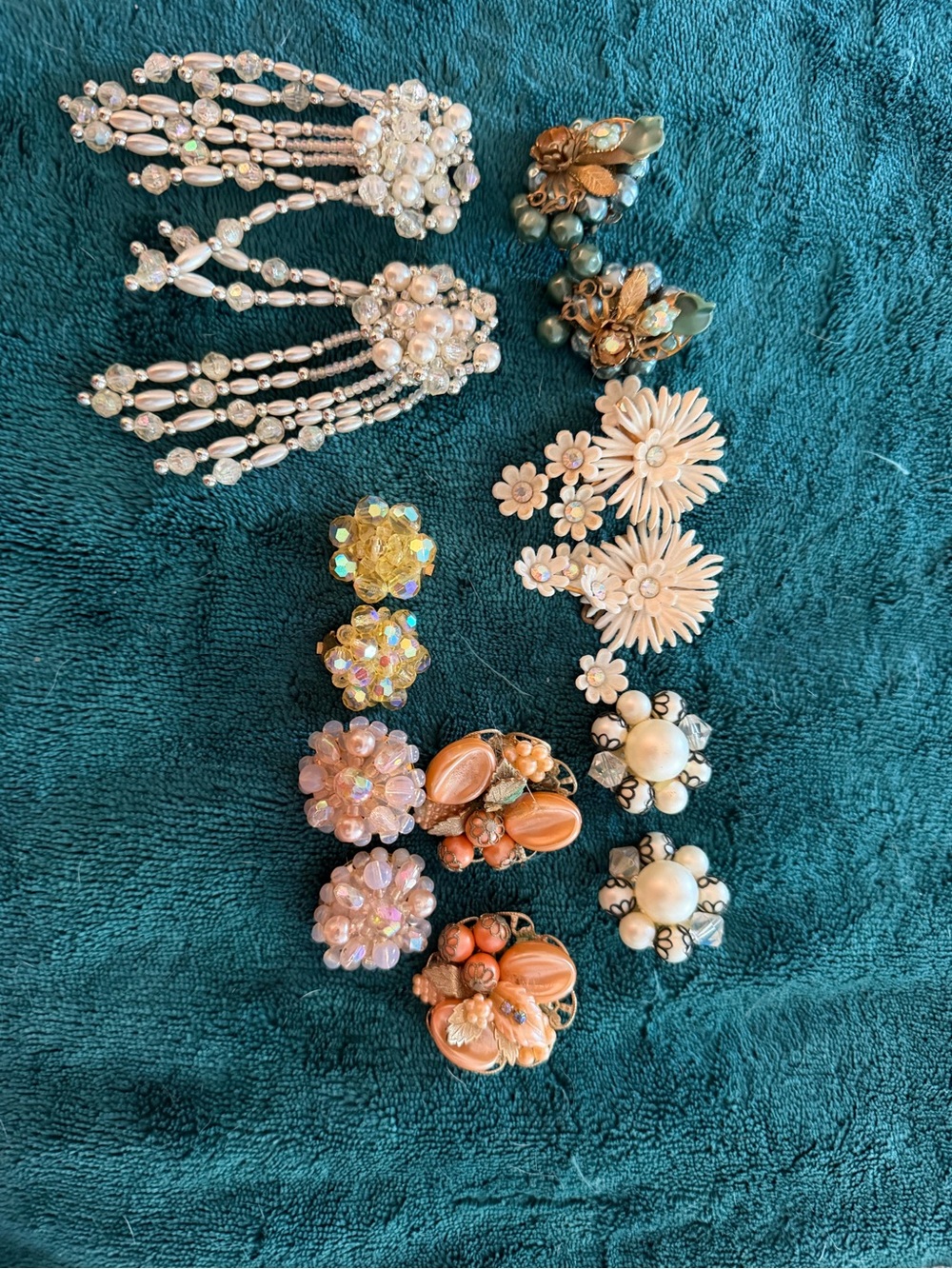 Lot of Vintage Women's Clip-On Earrings Set in Pearl, Pink, and yellow crystal